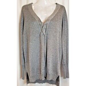 Women's Knit Sparkle Top Silver Metallic Front Tie V-Neck Long Sleeve Size XL